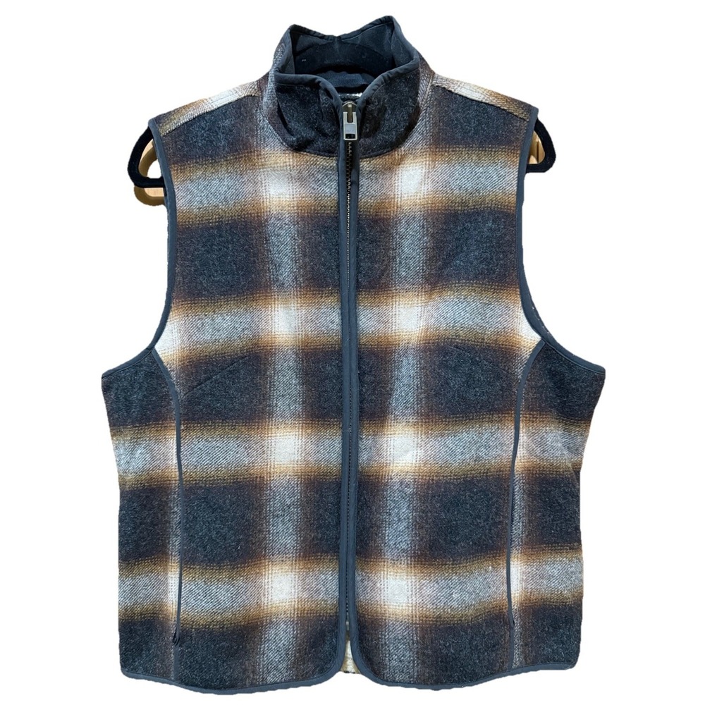 LL Bean Vest Womans Medium Brown Shadow Plaid‎ Wool Sherpa Fleece Lined Workwear - Picture 4 of 4